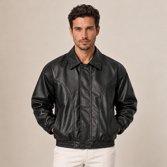 Felipe | Cazadora Bomber de Hombre Efecto Piel con Cuello Camisero - Negro