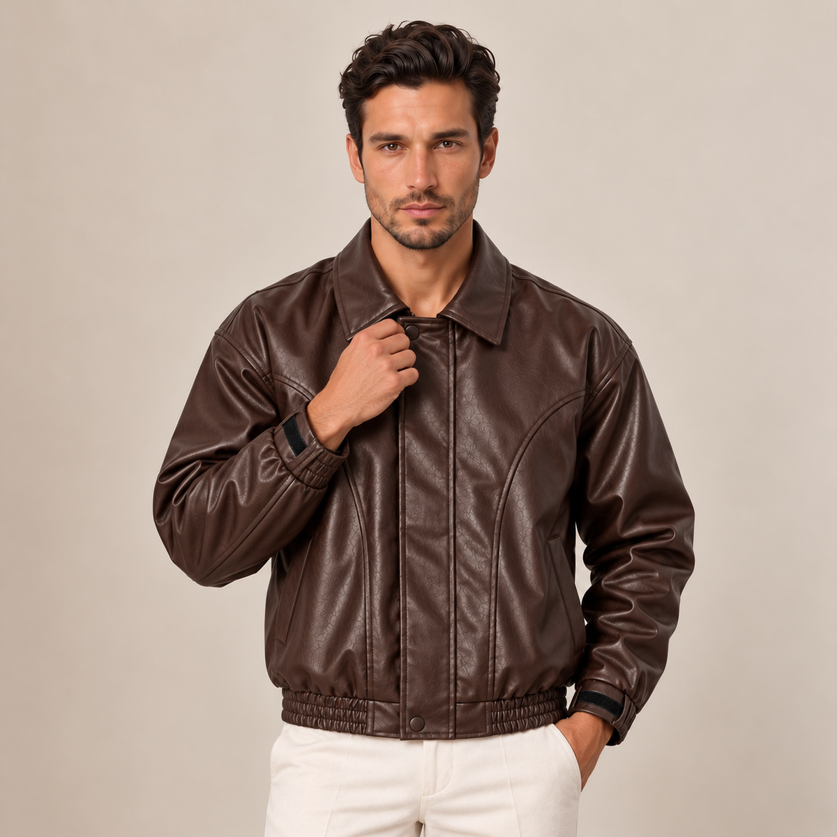 Felipe | Cazadora Bomber de Hombre Efecto Piel con Cuello Camisero - Marrón