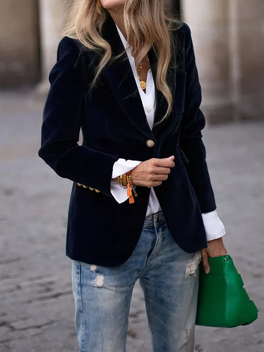 Fermina | Blazer Entallado Efecto Terciopelo con Botones Dorados - Negro