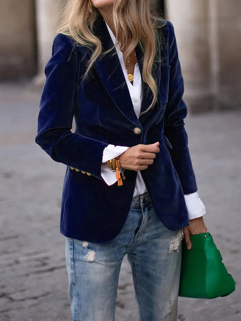 Fermina | Blazer Entallado Efecto Terciopelo con Botones Dorados - Azul