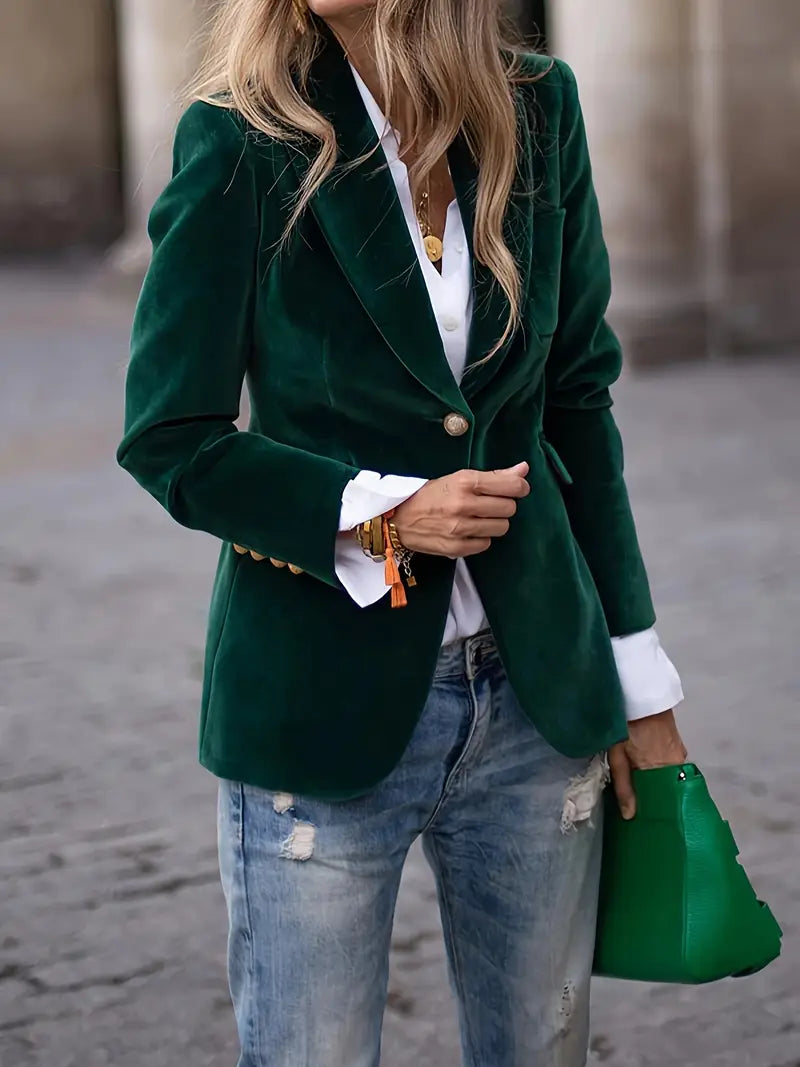 Fermina | Blazer Entallado Efecto Terciopelo con Botones Dorados - Verde