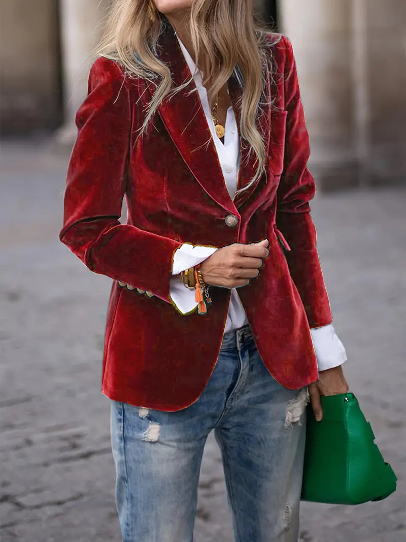 Fermina | Blazer Entallado Efecto Terciopelo con Botones Dorados - Rojo