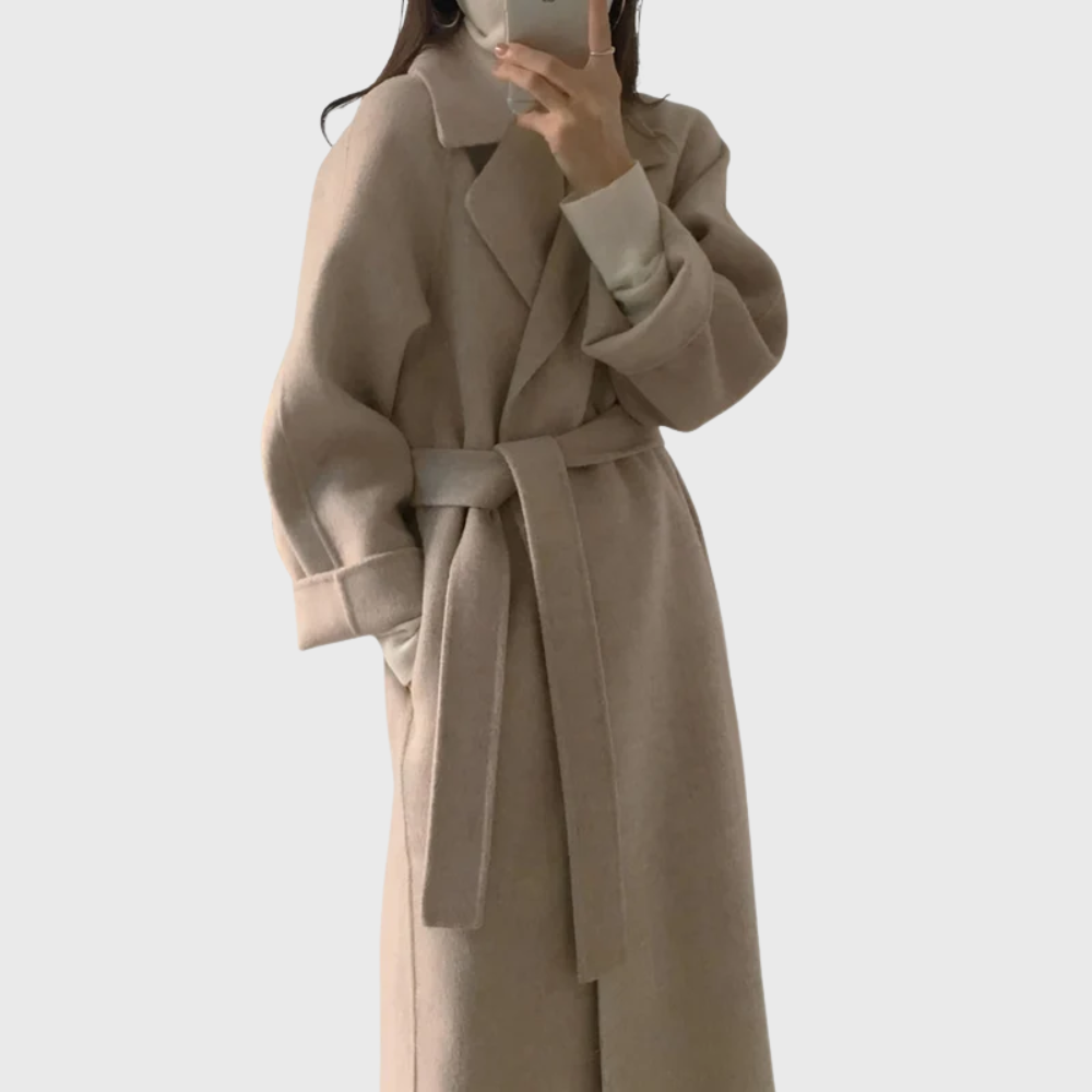 Fernanda | Abrigo Largo de Mujer en Mezcla de Lana con Cinturón y Solapas Anchas - Beige