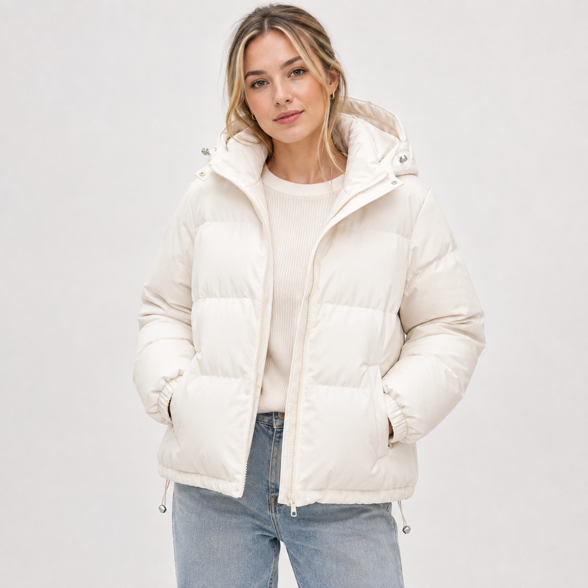 Filomena | Chaqueta Acolchada con Capucha y Cremallera - Beige