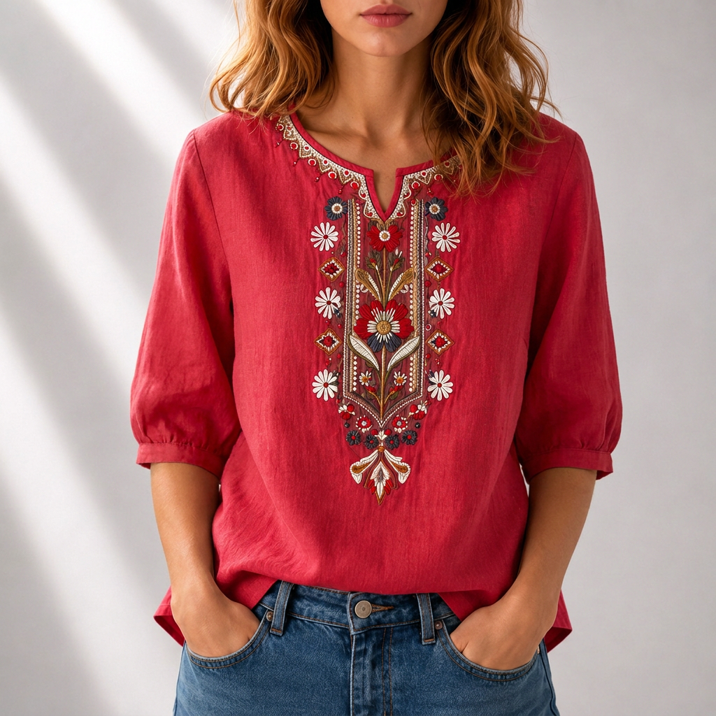 Blusa bordado floral mujer algodón lino manga abullonada