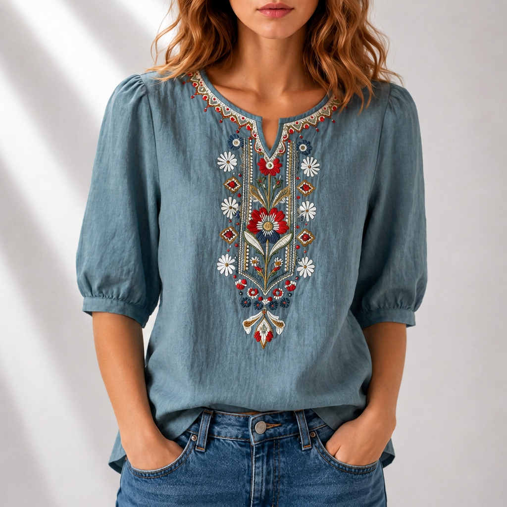 Blusa bordado floral mujer algodón lino manga abullonada