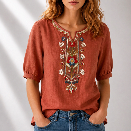 Blusa bordado floral mujer algodón lino manga abullonada