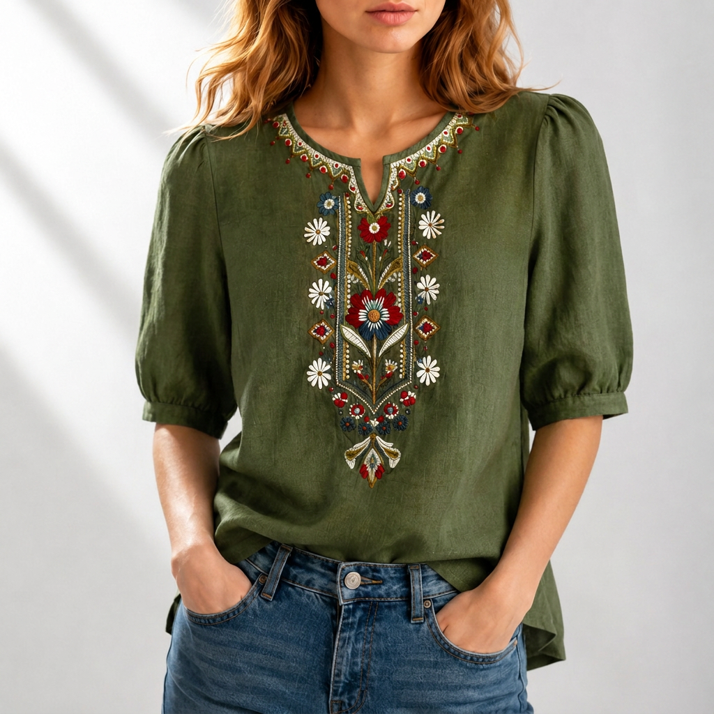 Blusa bordado floral mujer algodón lino manga abullonada