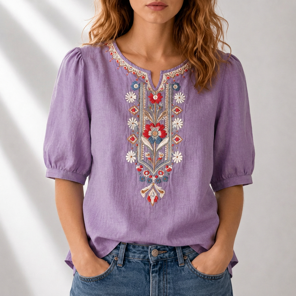Blusa bordado floral mujer algodón lino manga abullonada