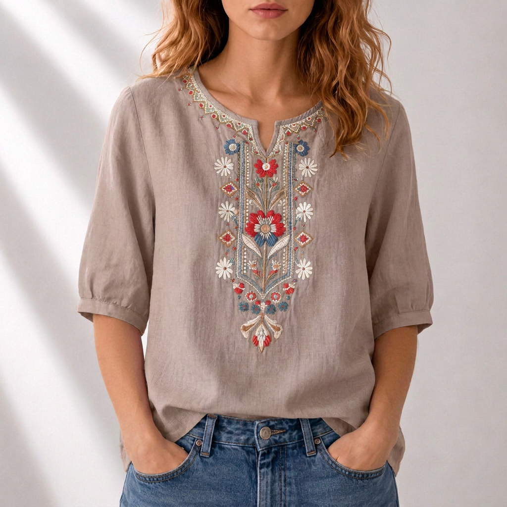 Blusa bordado floral mujer algodón lino manga abullonada