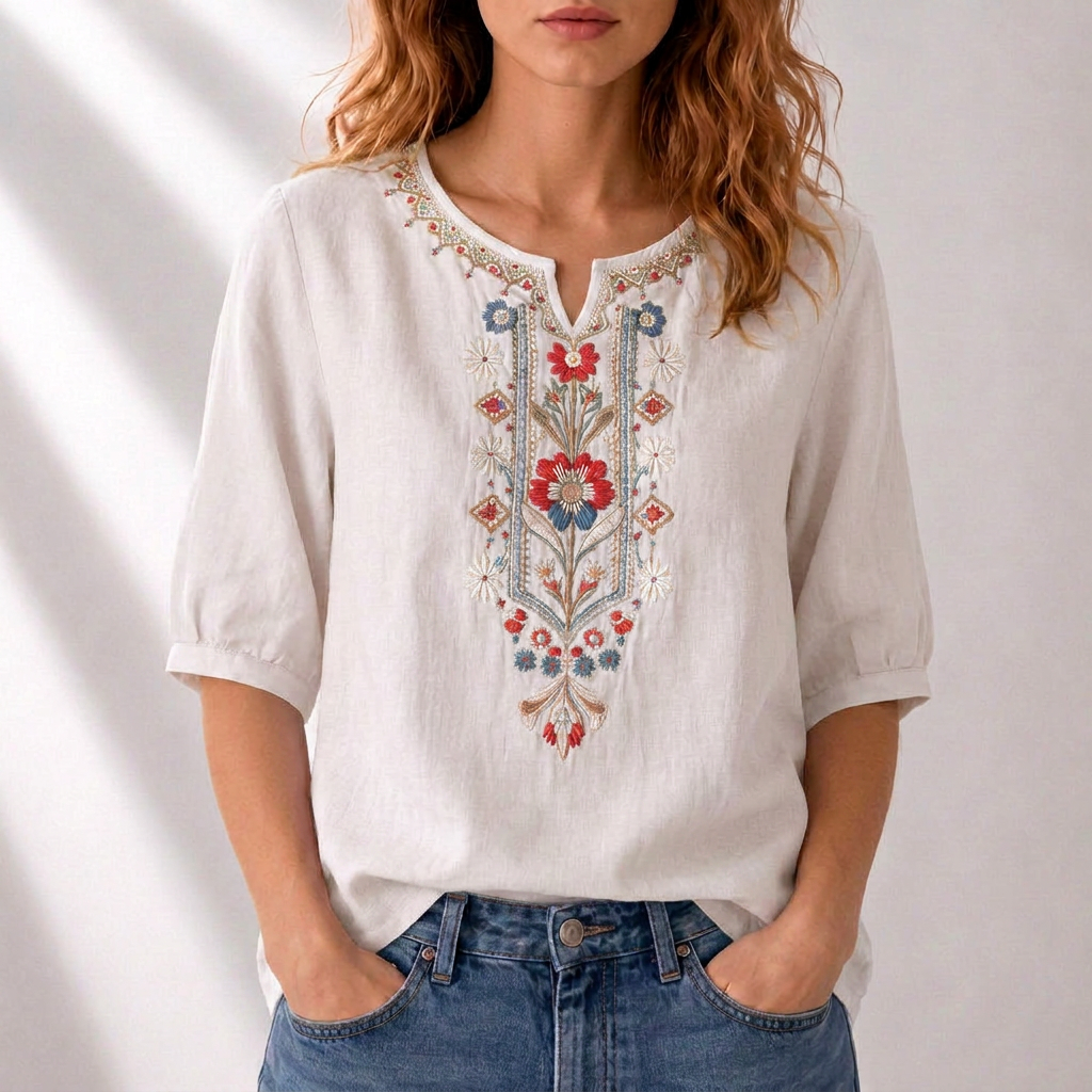 Blusa bordado floral mujer algodón lino manga abullonada