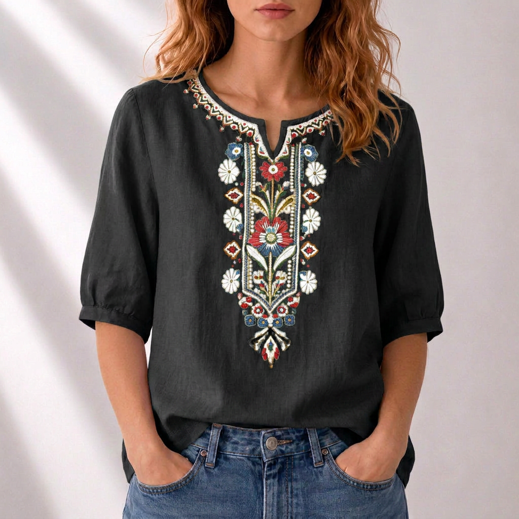 Blusa bordado floral mujer algodón lino manga abullonada