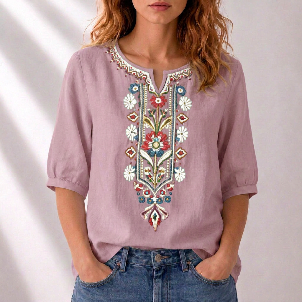 Blusa bordado floral mujer algodón lino manga abullonada