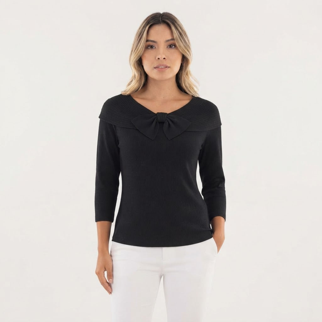 Jersey de Punto Entallado con Cuello Vuelto y Lazo Frontal - Negro