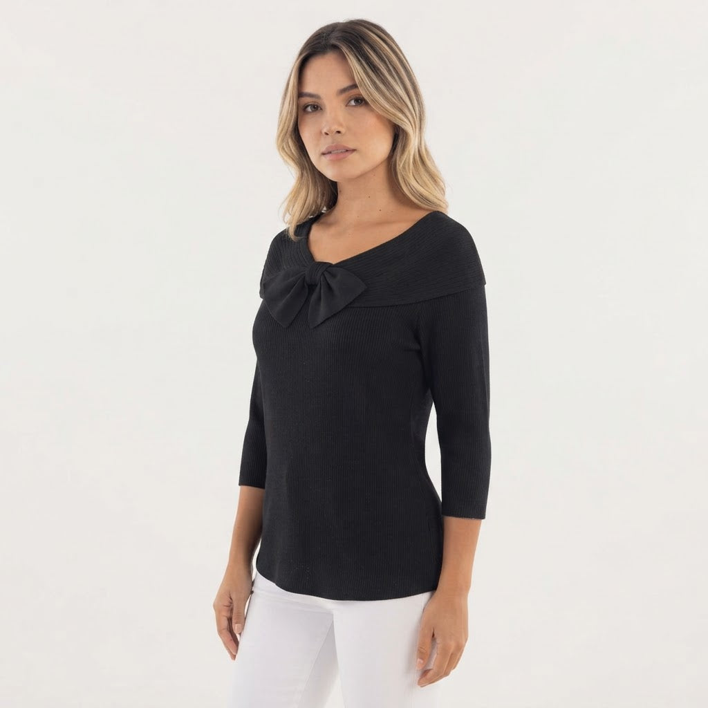 Jersey de Punto Entallado con Cuello Vuelto y Lazo Frontal