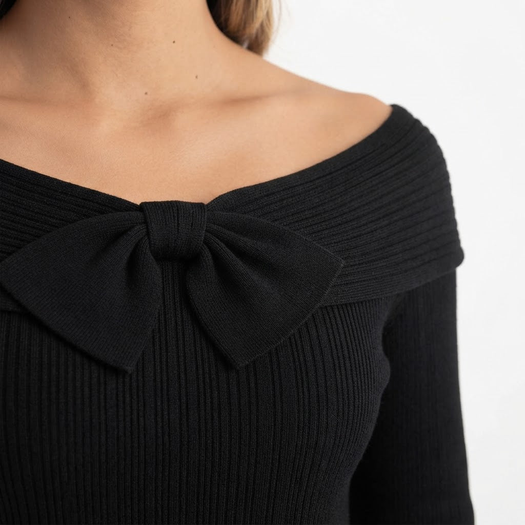 Jersey de Punto Entallado con Cuello Vuelto y Lazo Frontal