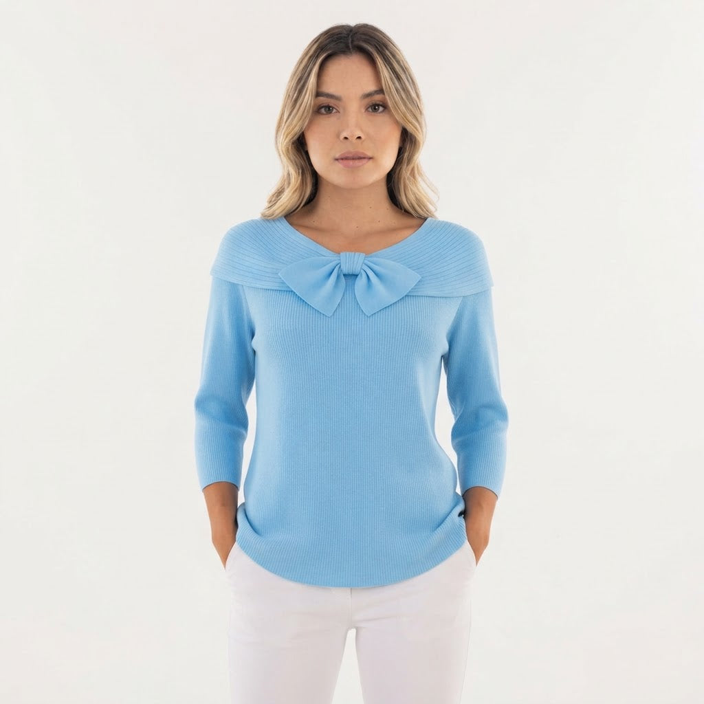 Jersey de Punto Entallado con Cuello Vuelto y Lazo Frontal - Azul celeste