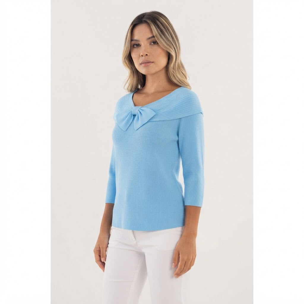 Jersey de Punto Entallado con Cuello Vuelto y Lazo Frontal