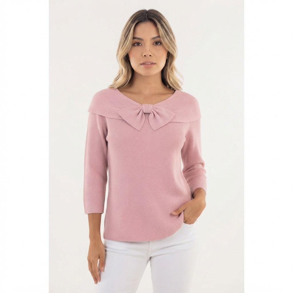 Jersey de Punto Entallado con Cuello Vuelto y Lazo Frontal - Rosa