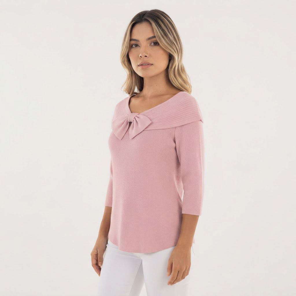 Jersey de Punto Entallado con Cuello Vuelto y Lazo Frontal