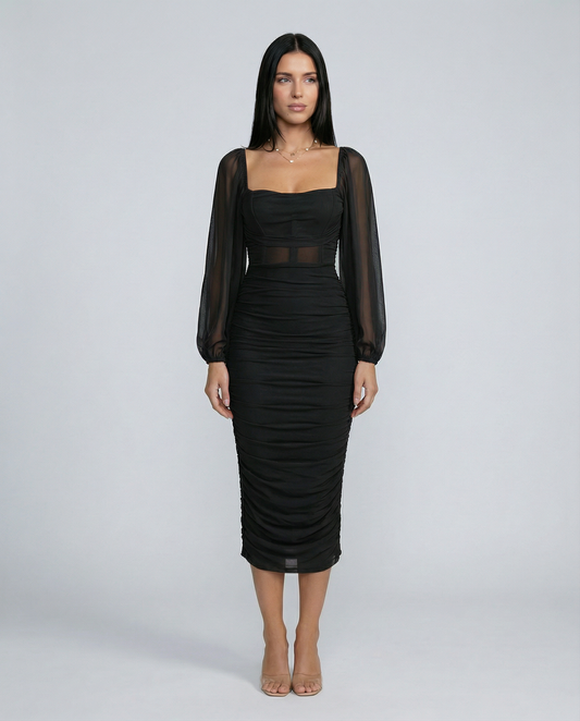 Garazi | Vestido Midi Fruncido de Fiesta con Escote Cuadrado y Manga Transparente - Negro