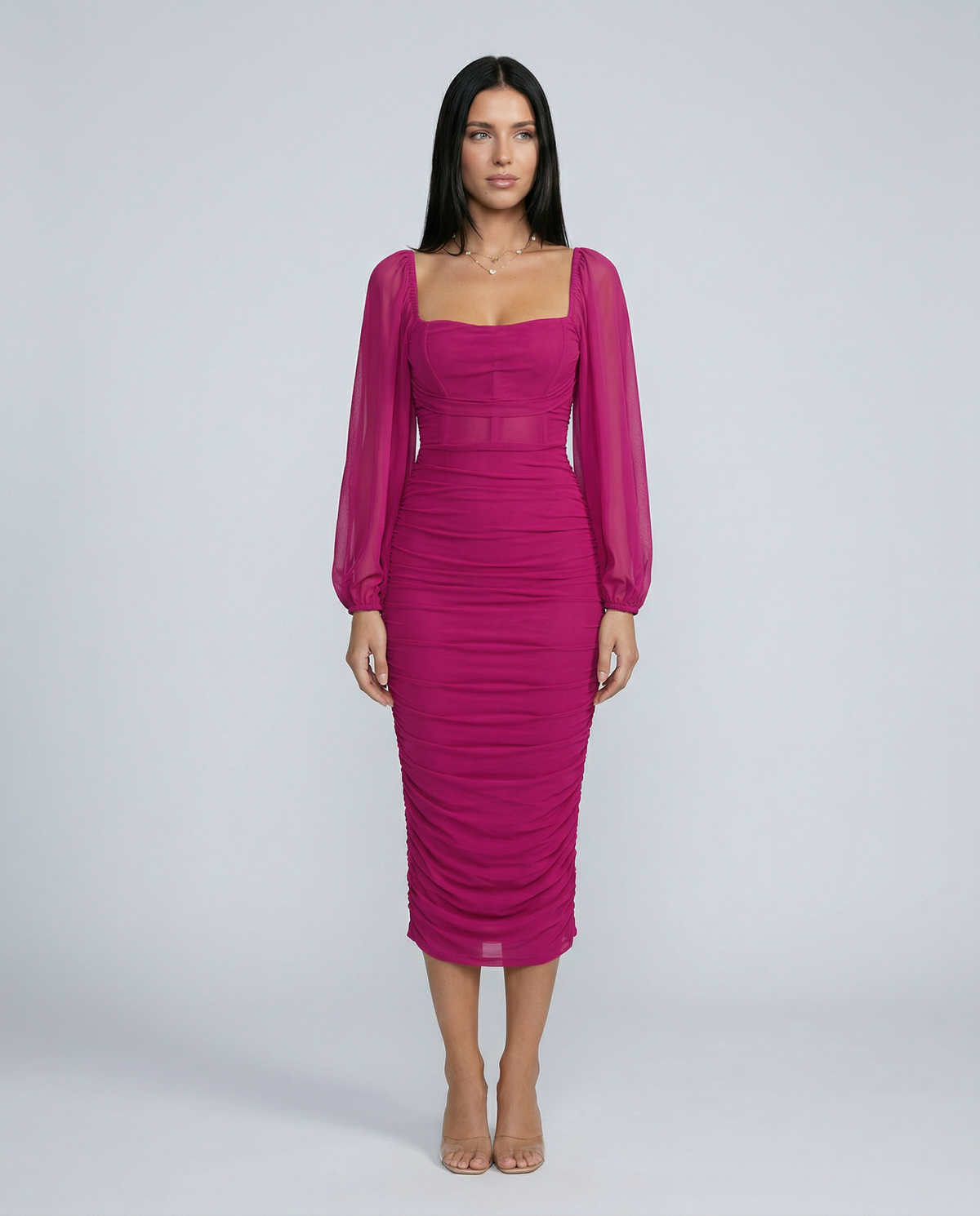 Garazi | Vestido Midi Fruncido de Fiesta con Escote Cuadrado y Manga Transparente - Rosa palo
