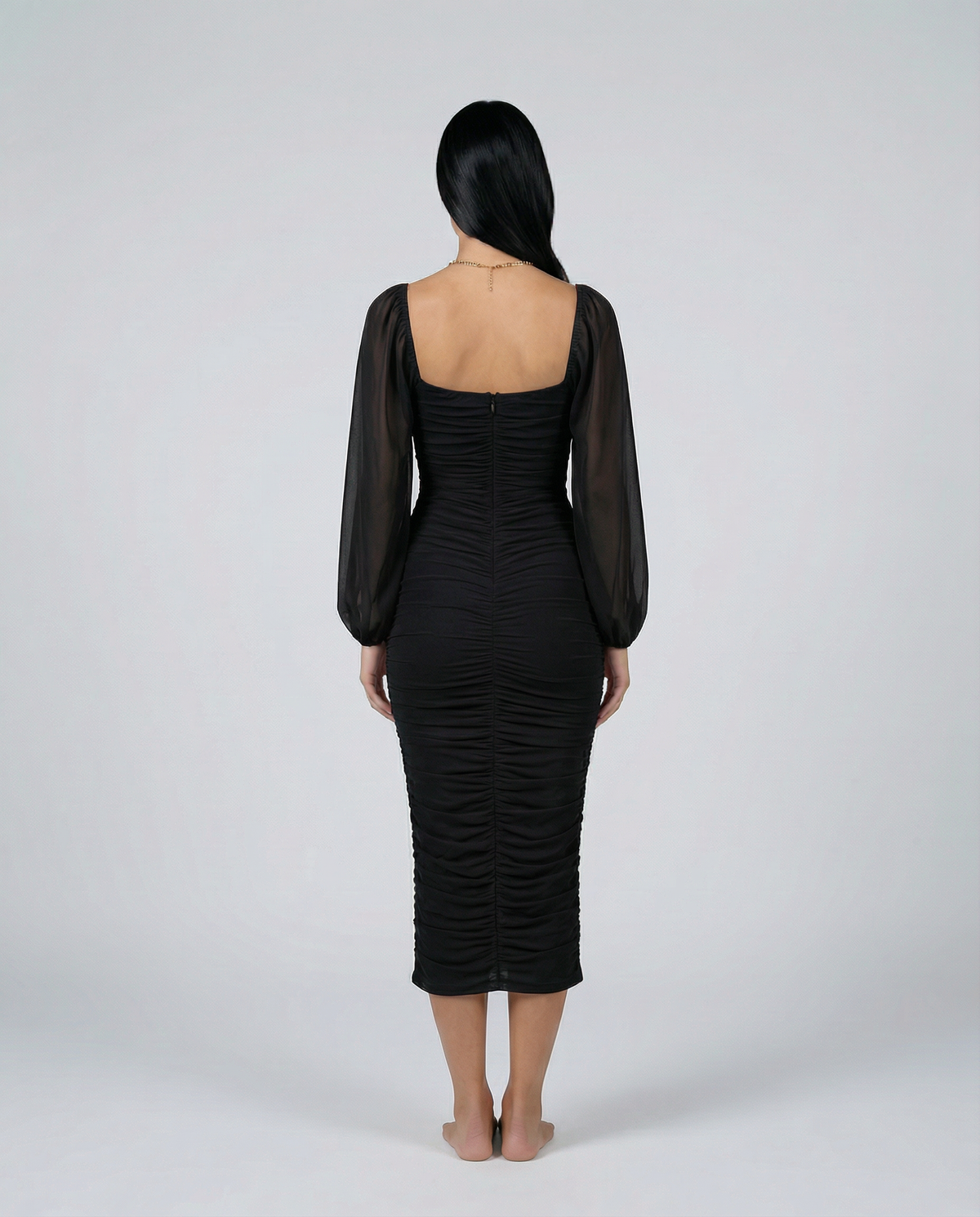 Garazi | Vestido Midi Fruncido de Fiesta con Escote Cuadrado y Manga Transparente - vista 2