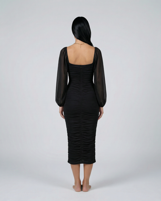 Garazi | Vestido Midi Fruncido de Fiesta con Escote Cuadrado y Manga Transparente - vista 2