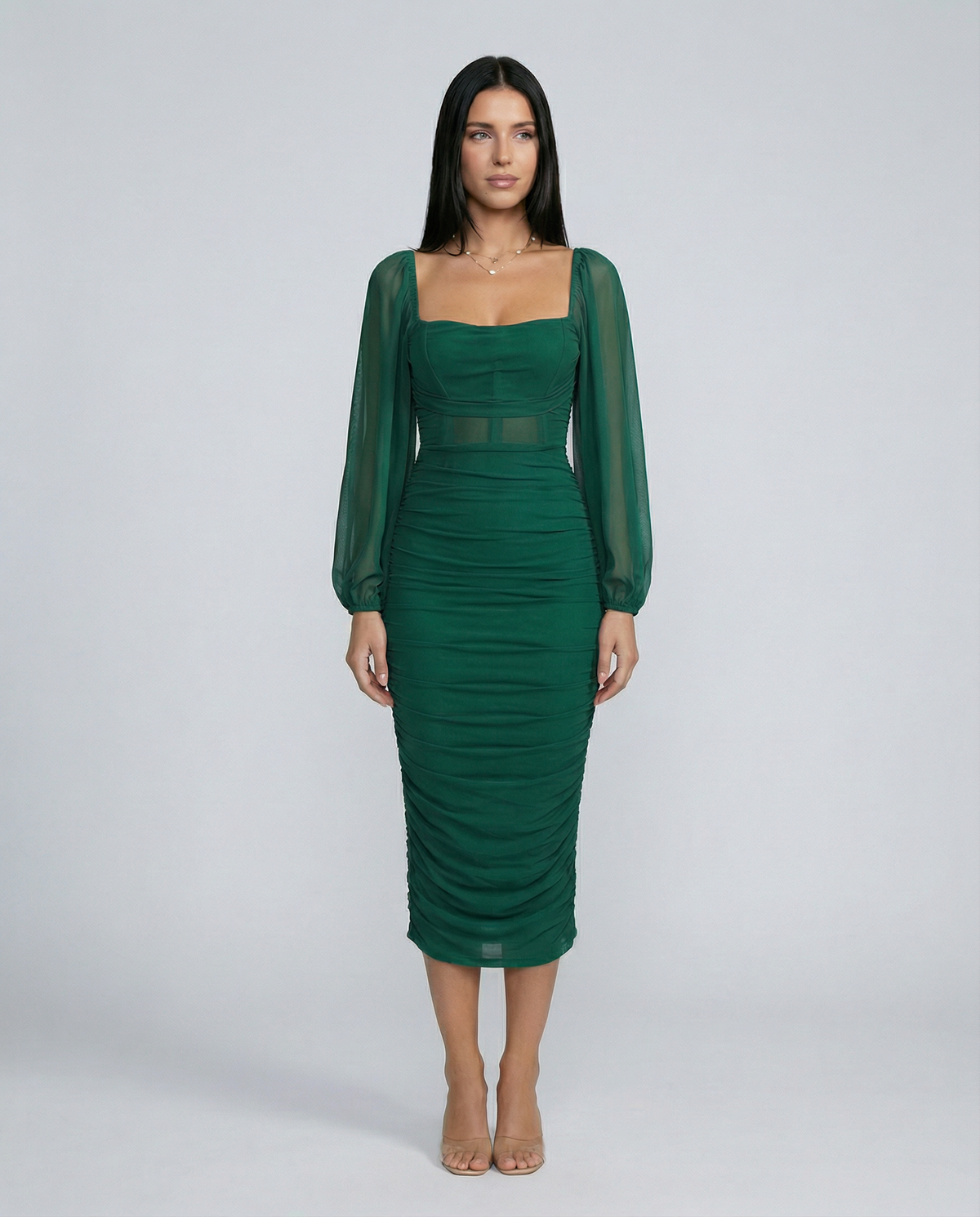 Garazi | Vestido Midi Fruncido de Fiesta con Escote Cuadrado y Manga Transparente - Verde