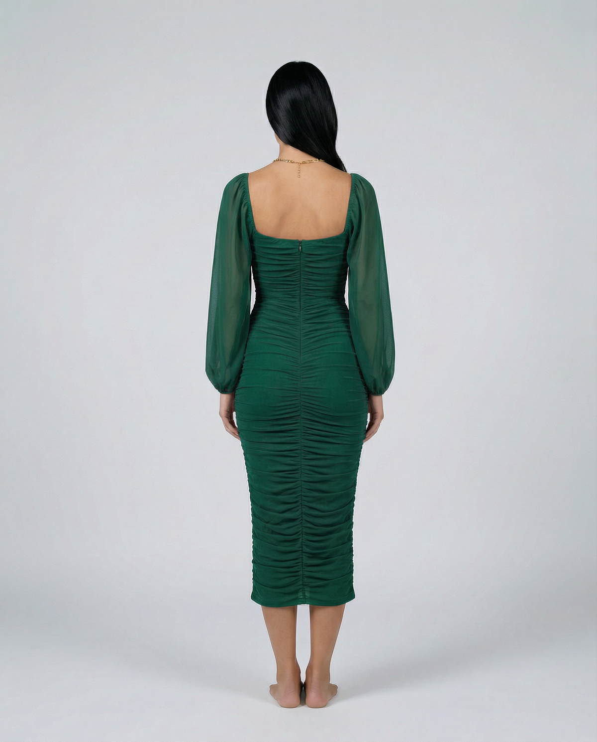 Garazi | Vestido Midi Fruncido de Fiesta con Escote Cuadrado y Manga Transparente - vista 7