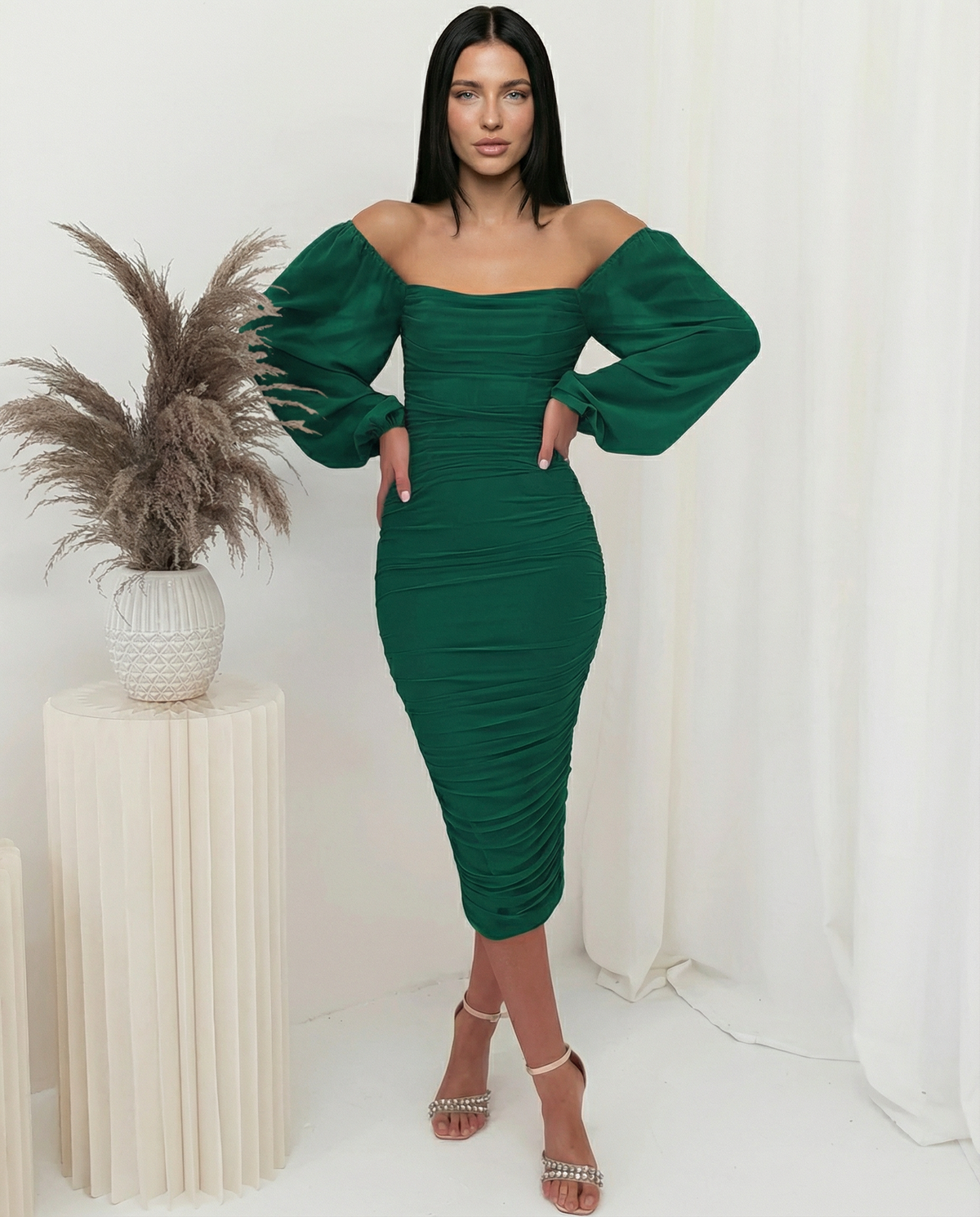 Garazi | Vestido Midi Fruncido de Fiesta con Escote Cuadrado y Manga Transparente - vista 9