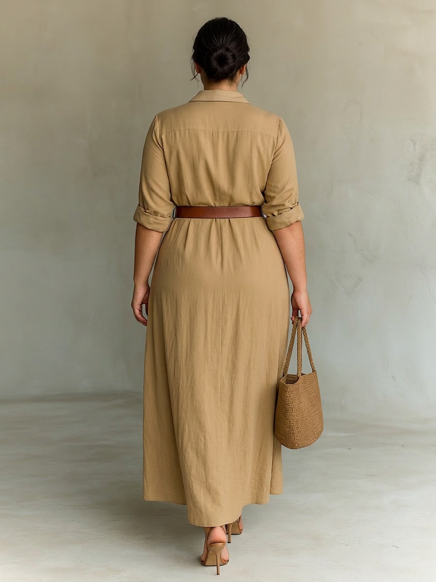Vestido largo mujer cuello solapa manga larga cinturón