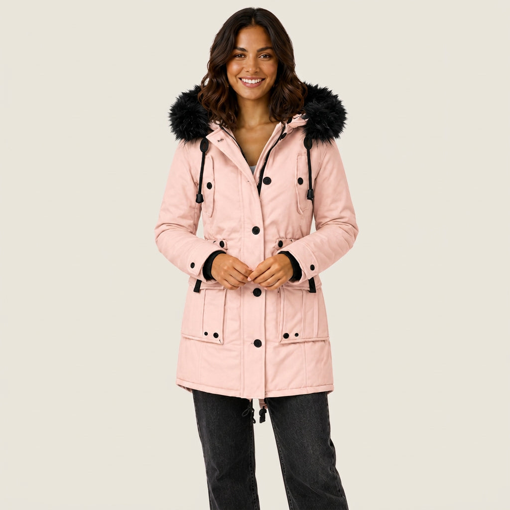 Gertrudis | Parka Acolchada con Capucha de Pelo Sintético y Cintura Ajustable - Rosa palo