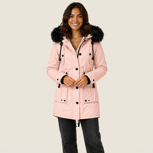 Gertrudis | Parka Acolchada con Capucha de Pelo Sintético y Cintura Ajustable - Rosa palo