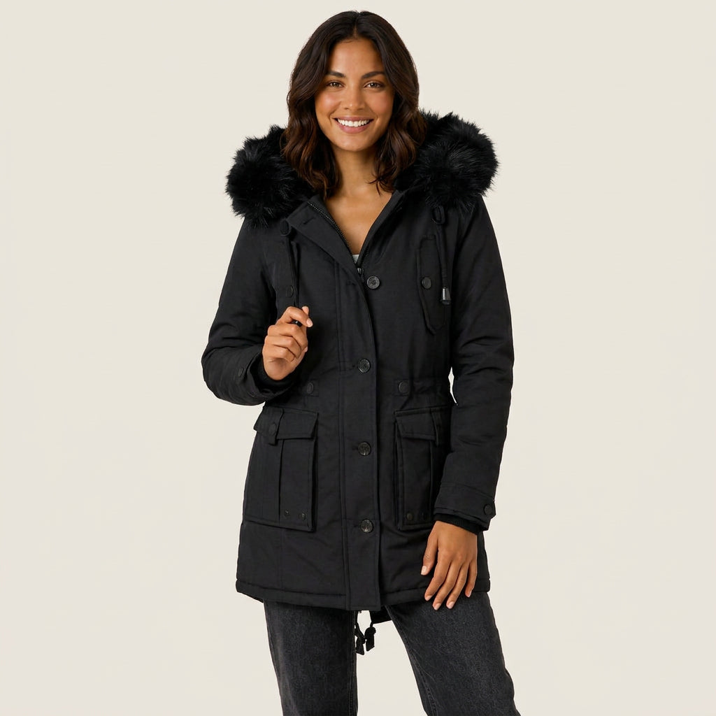 Gertrudis | Parka Acolchada con Capucha de Pelo Sintético y Cintura Ajustable - Negro
