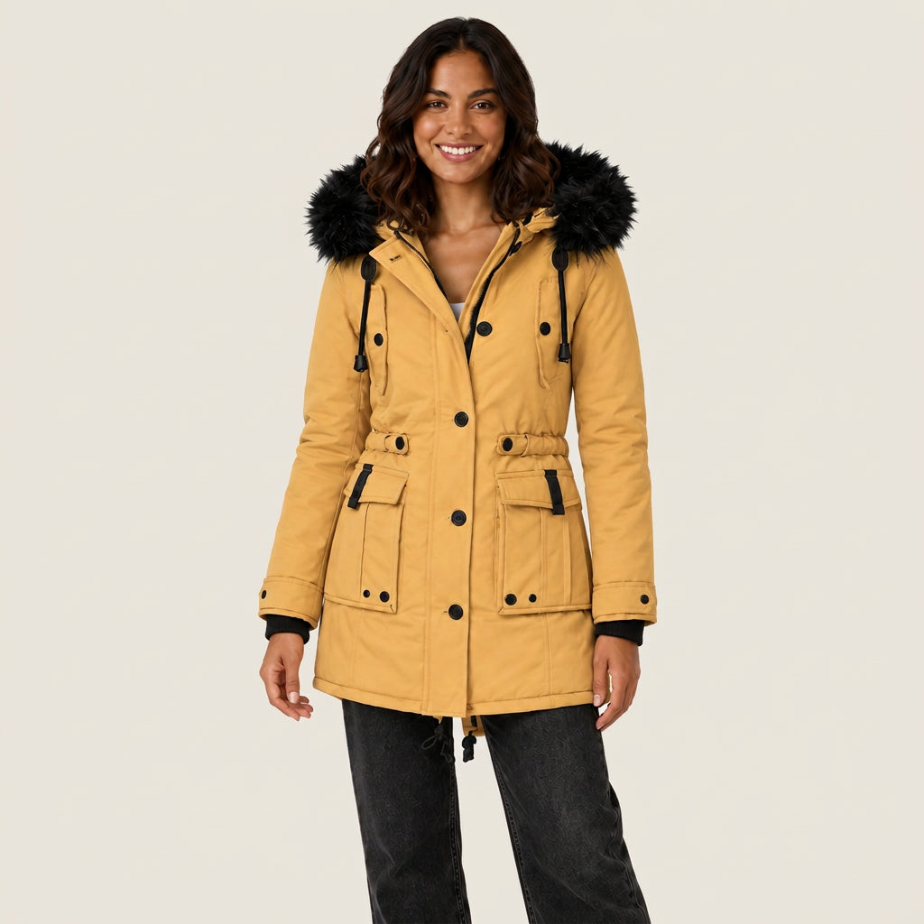 Gertrudis | Parka Acolchada con Capucha de Pelo Sintético y Cintura Ajustable - Mostaza