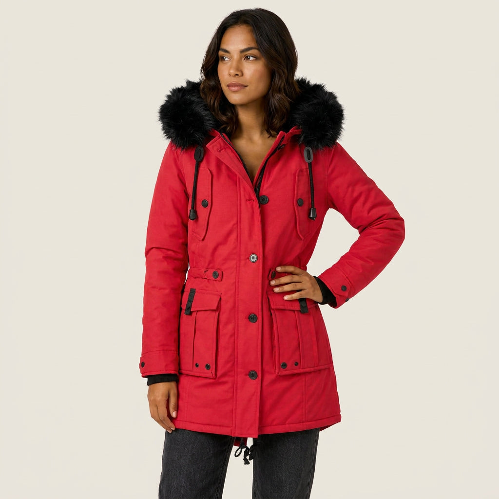 Gertrudis | Parka Acolchada con Capucha de Pelo Sintético y Cintura Ajustable - Rojo