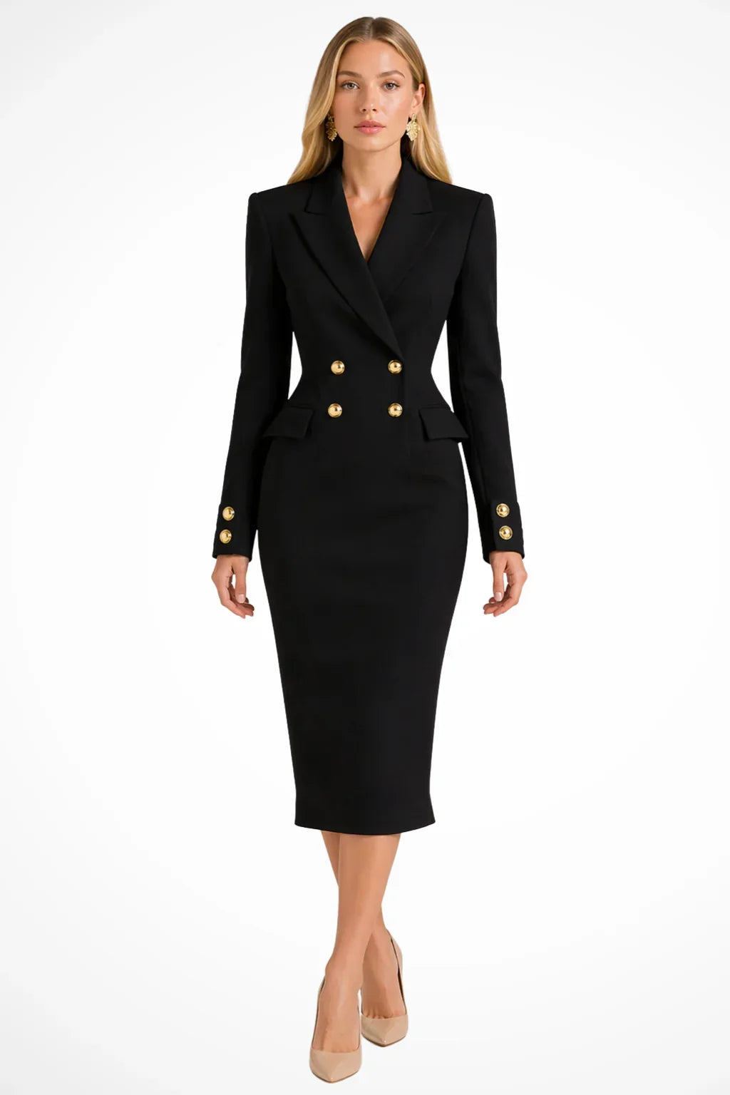 Gilda | Vestido Blazer Midi Entallado con Doble Botonadura Dorada - Negro
