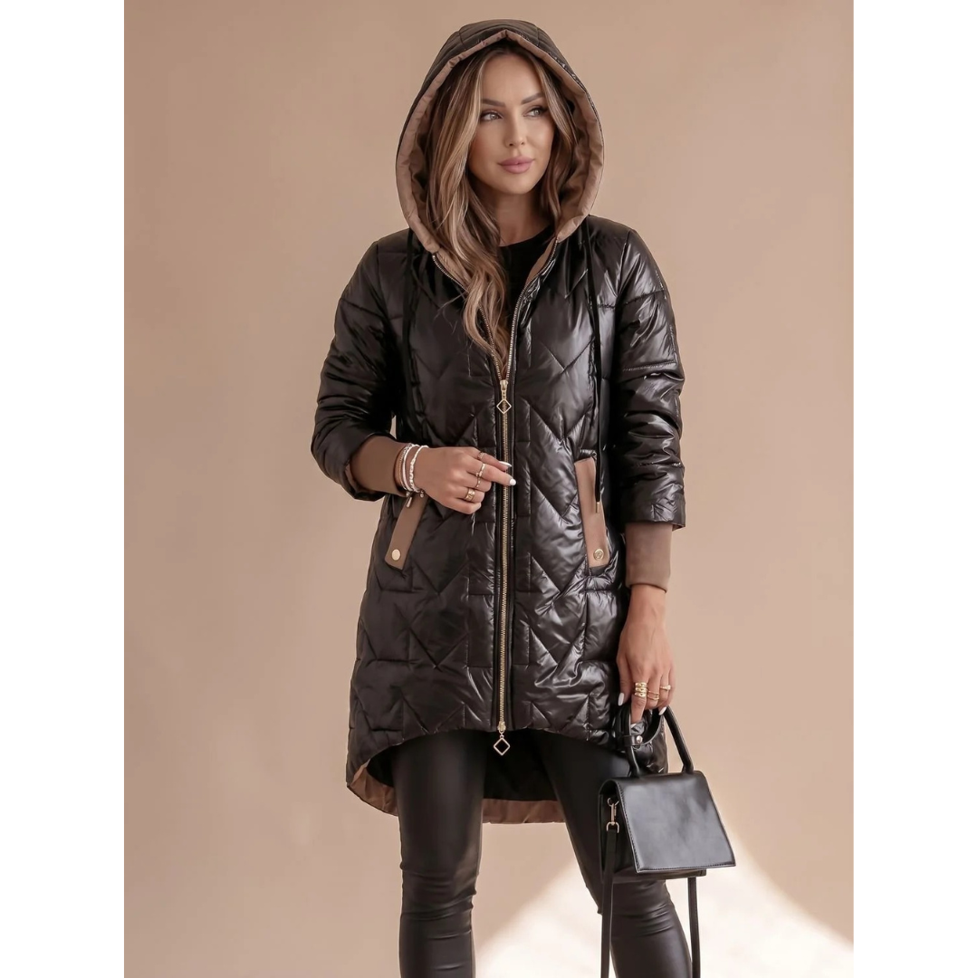 Gregoria | Parka Acolchada de Rombos con Capucha y Bajo Asimétrico - Negro
