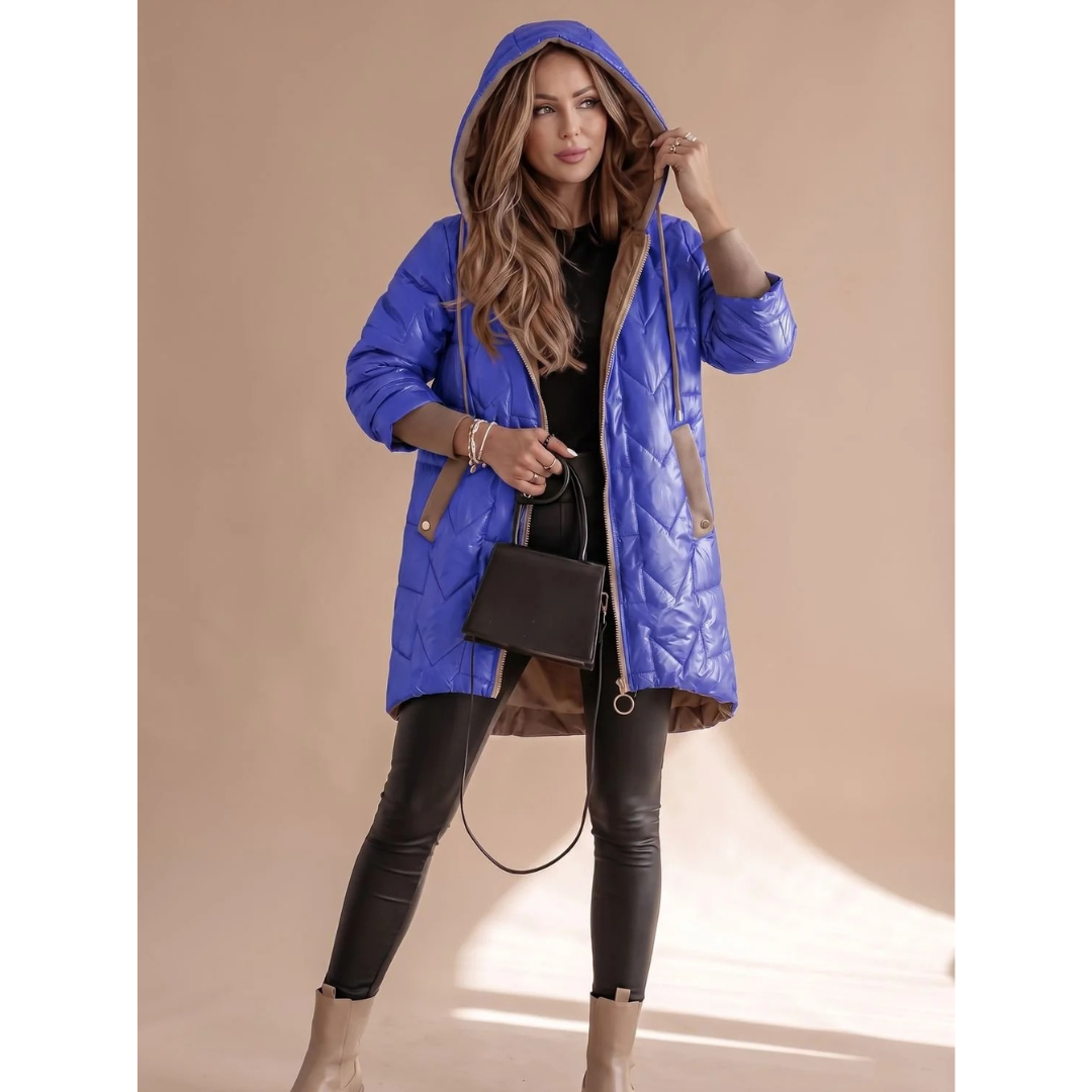 Gregoria | Parka Acolchada de Rombos con Capucha y Bajo Asimétrico - Azul