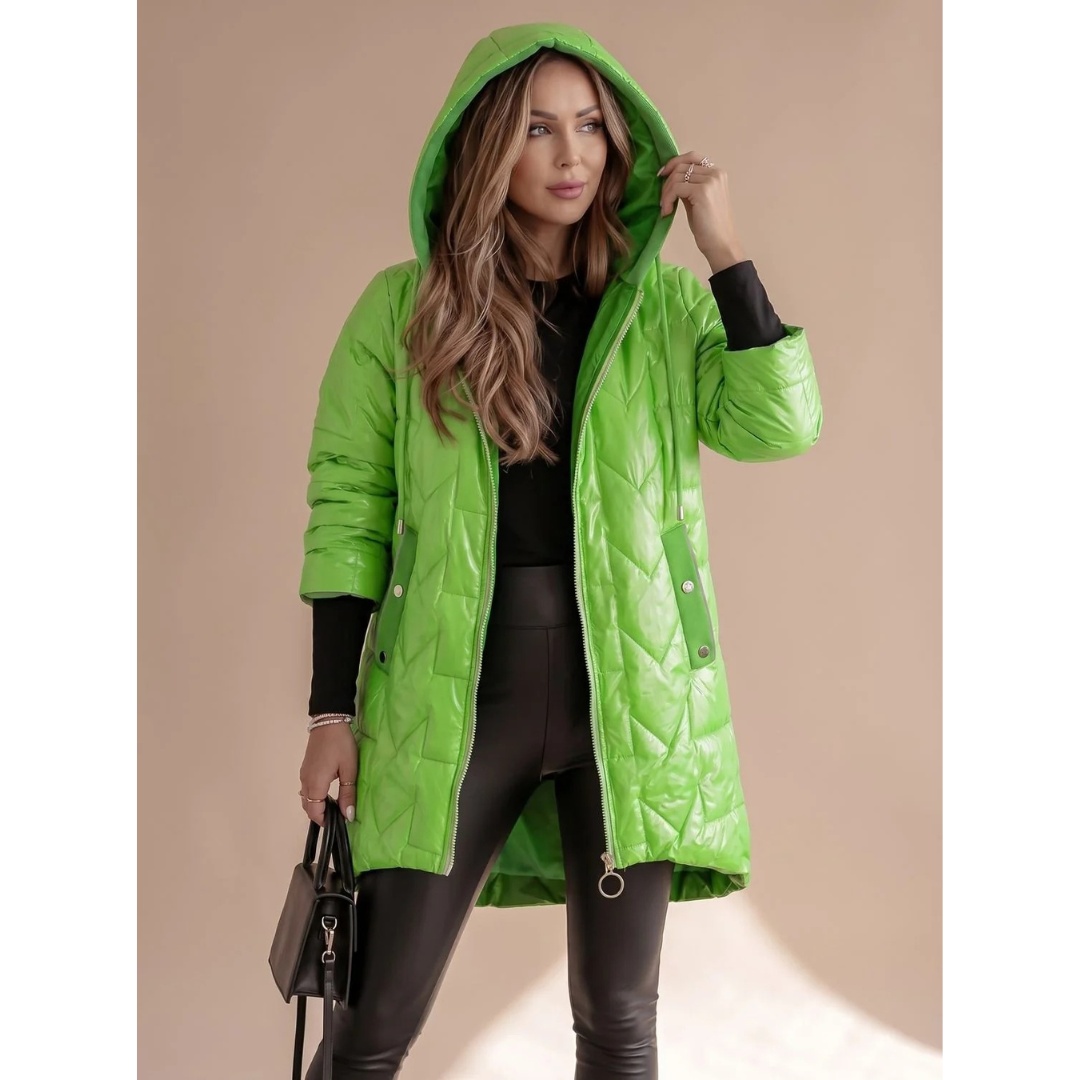 Gregoria | Parka Acolchada de Rombos con Capucha y Bajo Asimétrico - Verde