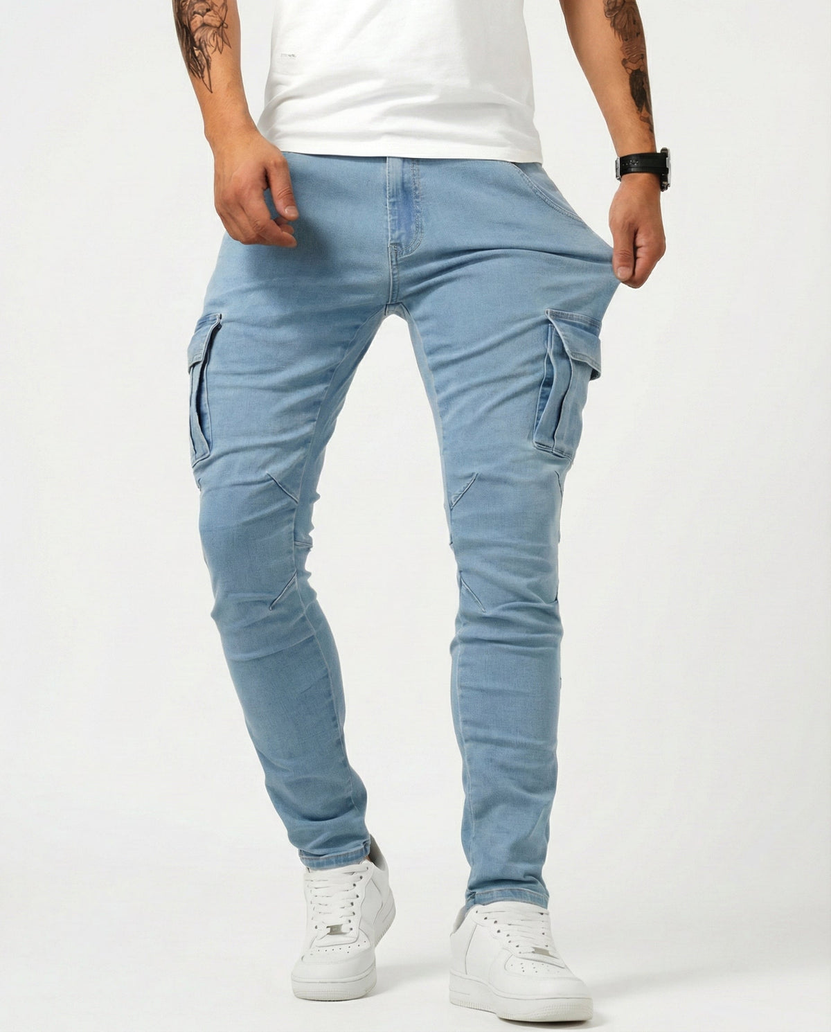 Gregorio | Vaquero Cargo Slim Elástico para Hombre - Azul
