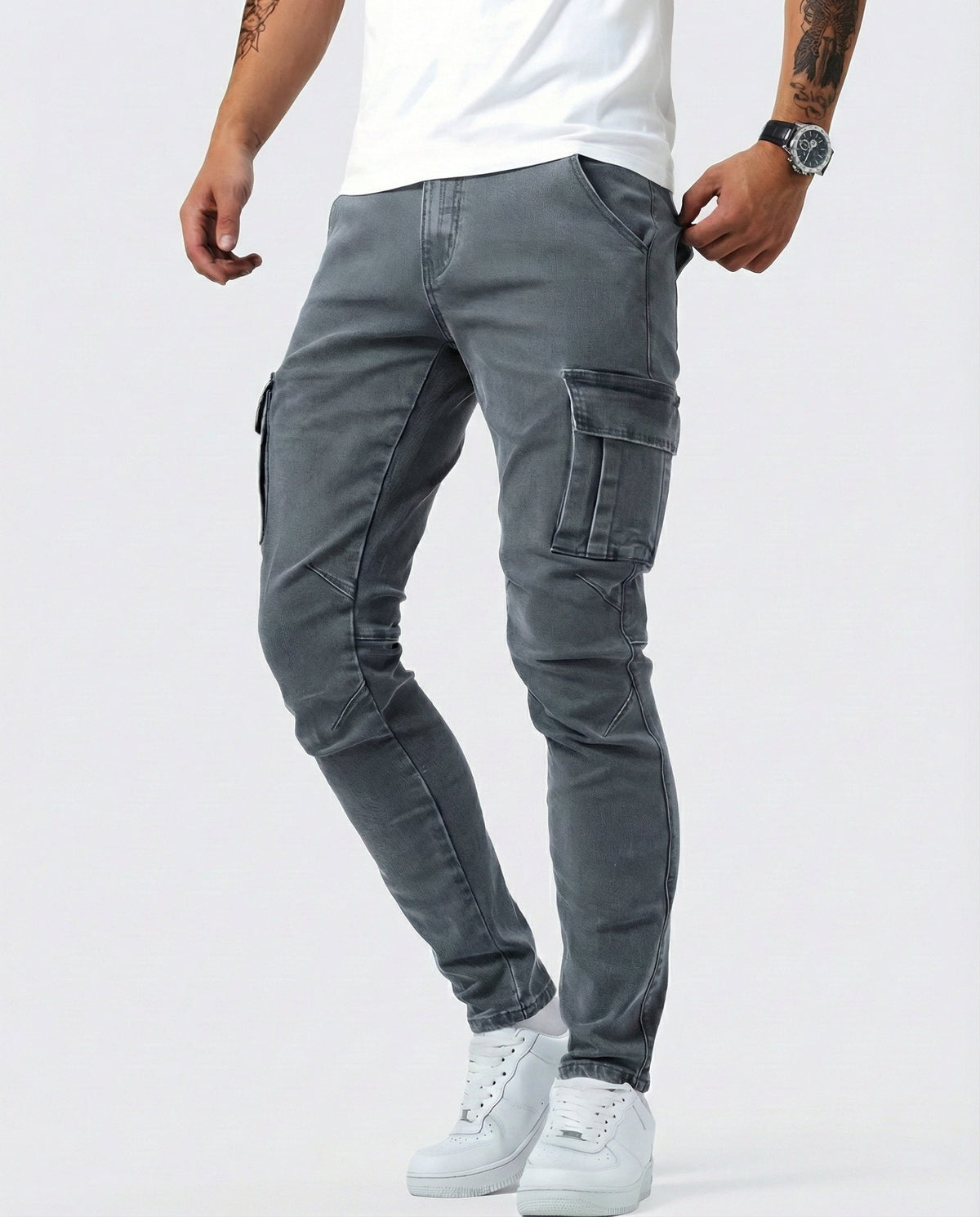 Gregorio | Vaquero Cargo Slim Elástico para Hombre - Gris