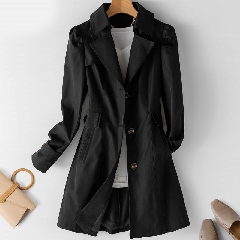 Greta | Gabardina Entallada con Solapas y Botones para Mujer - Negro