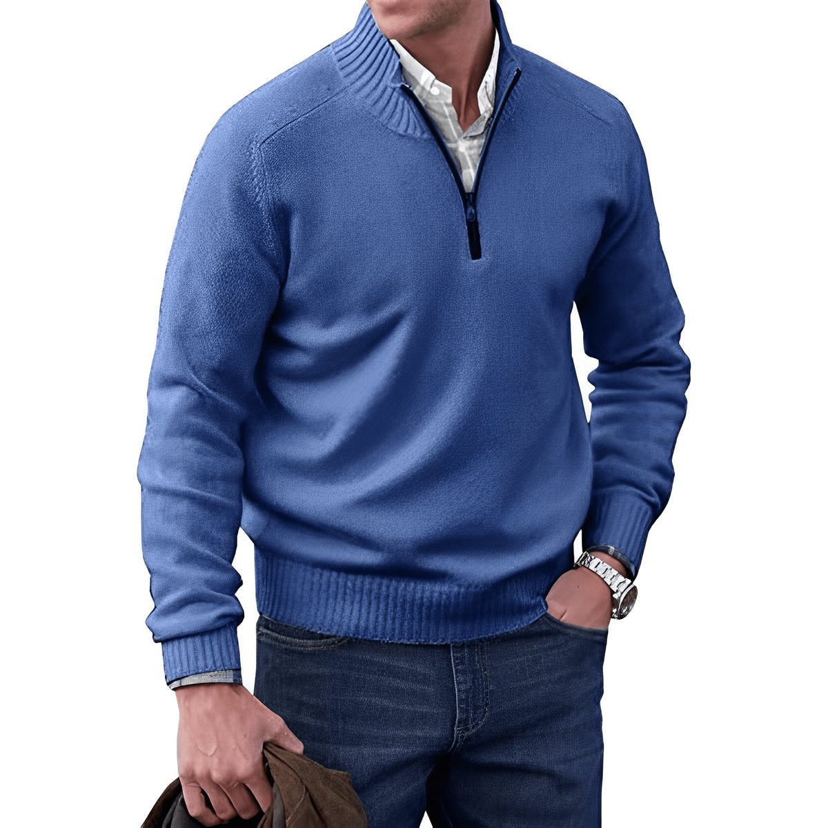 Guillermo | Jersey de Punto con Cremallera Corta y Cuello Alto para Hombre - Azul