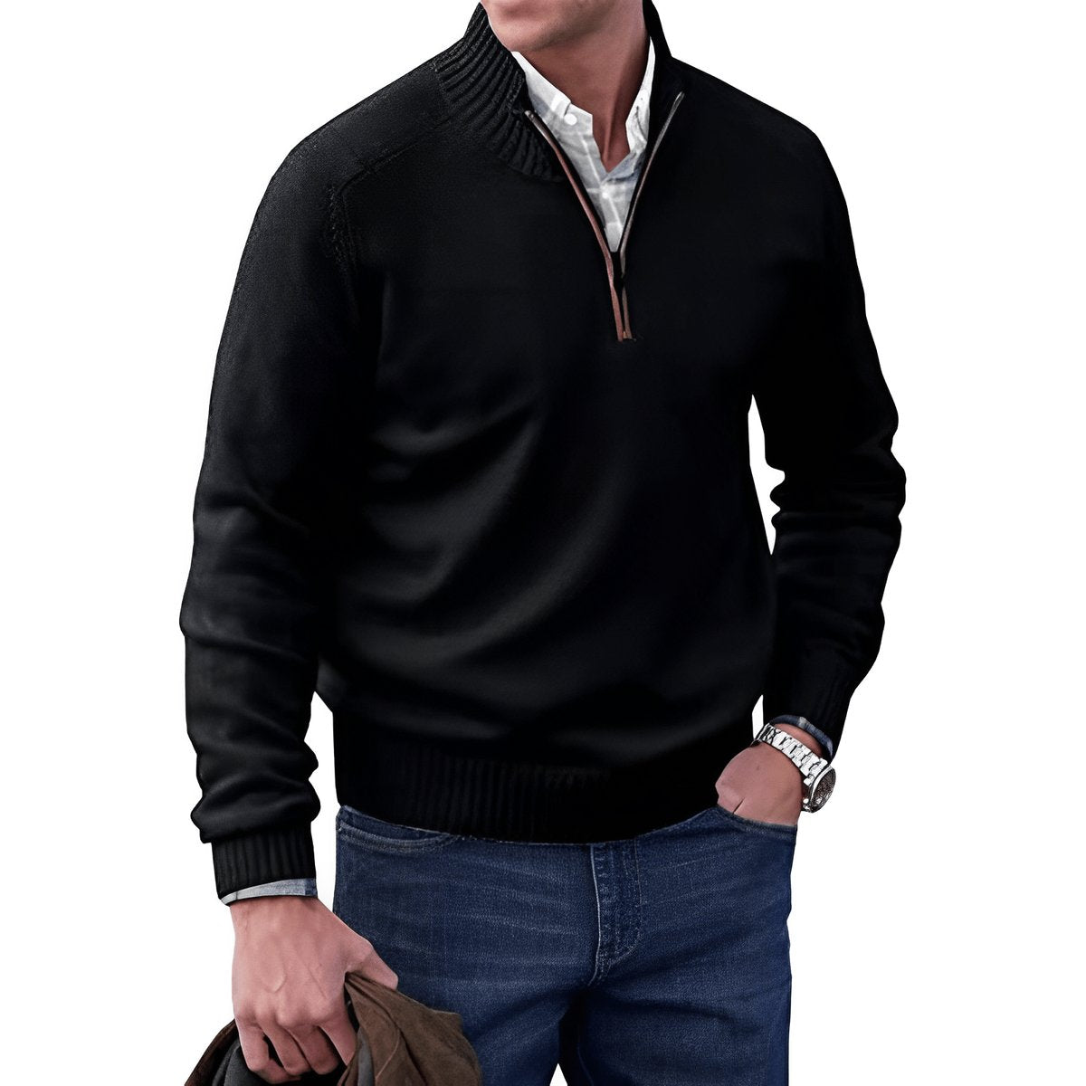 Guillermo | Jersey de Punto con Cremallera Corta y Cuello Alto para Hombre - Negro