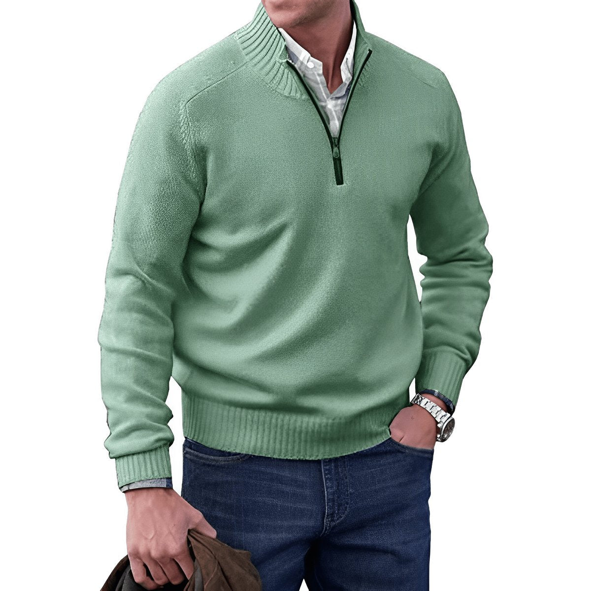 Guillermo | Jersey de Punto con Cremallera Corta y Cuello Alto para Hombre - Verde salvia
