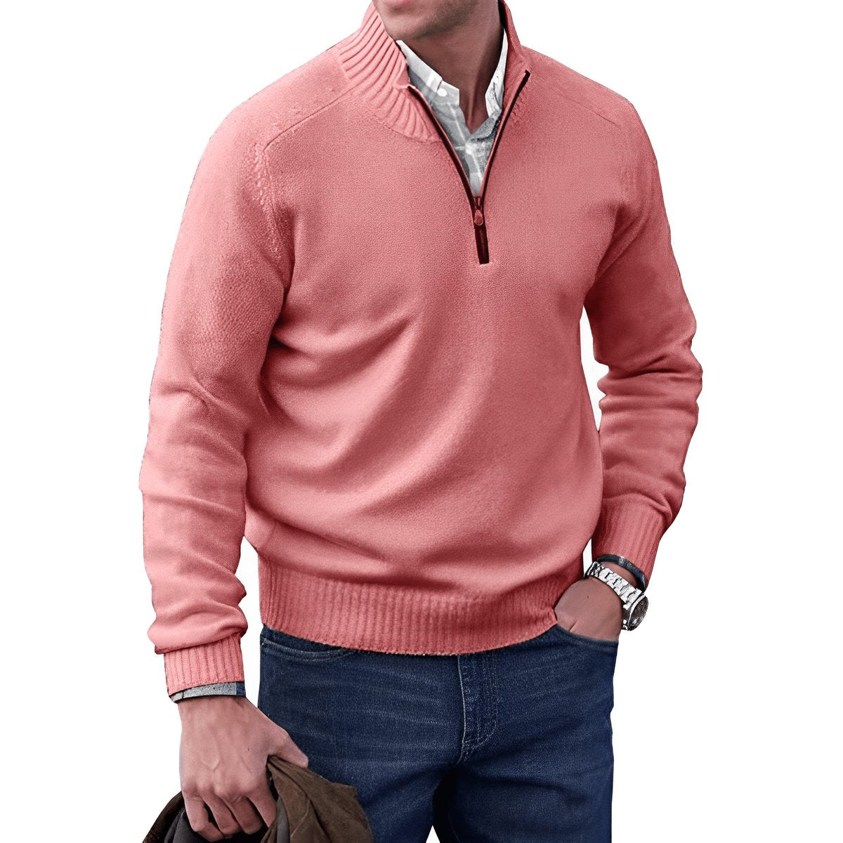 Guillermo | Jersey de Punto con Cremallera Corta y Cuello Alto para Hombre - Rosa coral