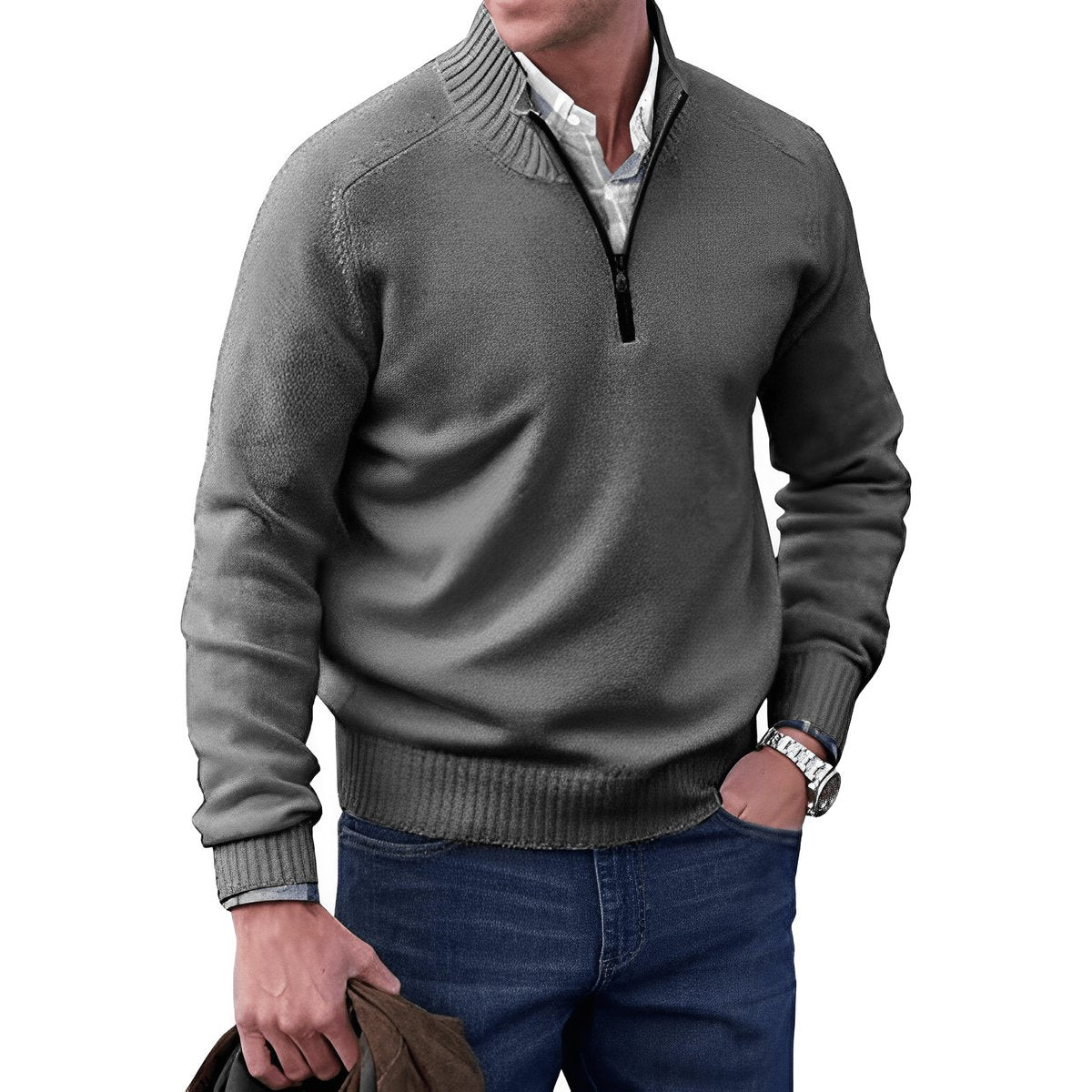 Guillermo | Jersey de Punto con Cremallera Corta y Cuello Alto para Hombre - Gris oscuro