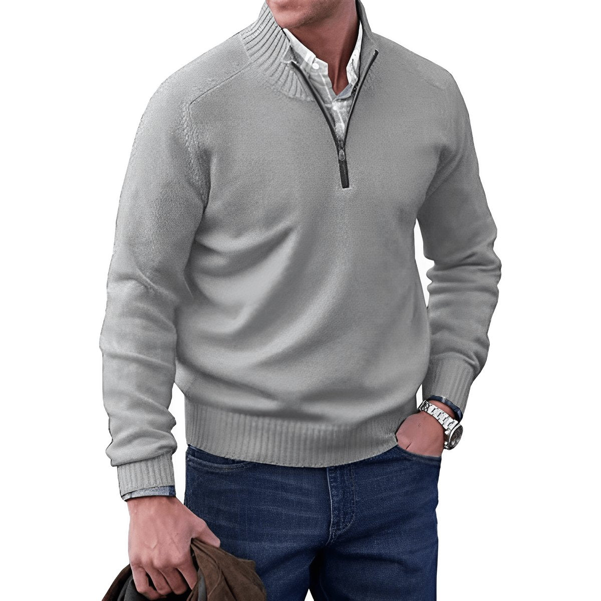 Guillermo | Jersey de Punto con Cremallera Corta y Cuello Alto para Hombre - Gris claro